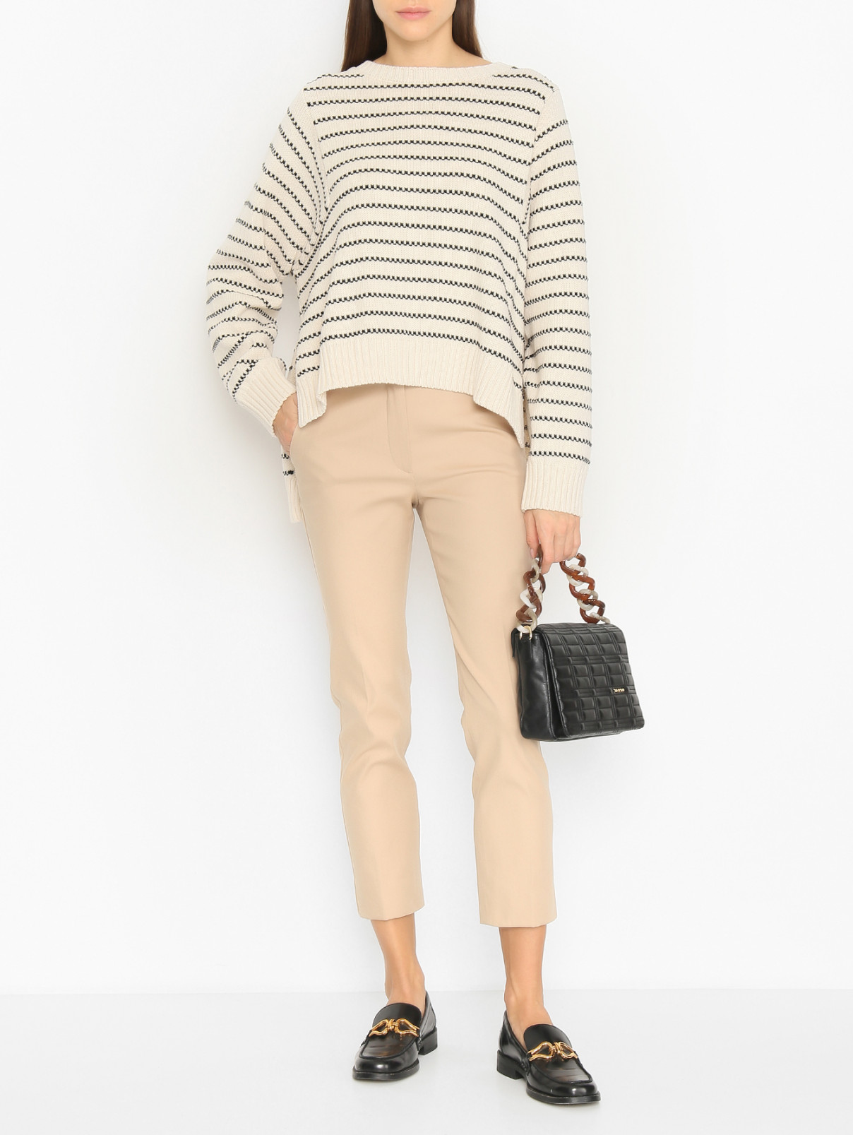 Зауженные брюки из хлопка Weekend Max Mara  –  МодельОбщийВид  – Цвет:  Бежевый