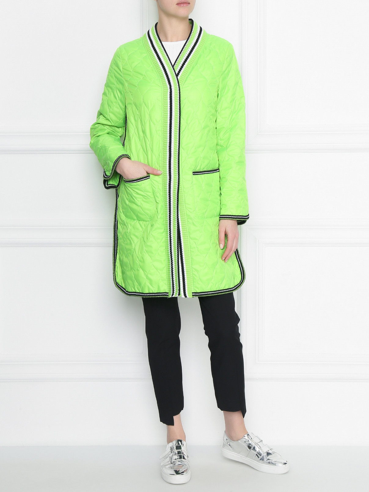 Стеганое пальто с контрастной отделкой Ermanno Scervino  –  МодельОбщийВид  – Цвет:  Зеленый