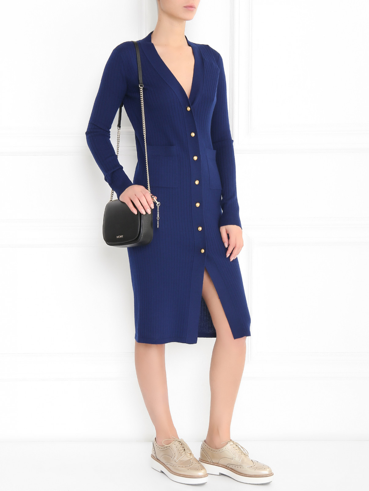 Платье-миди из шерсти фактурной вязки Mo&Co  –  Модель Общий вид  – Цвет:  Синий