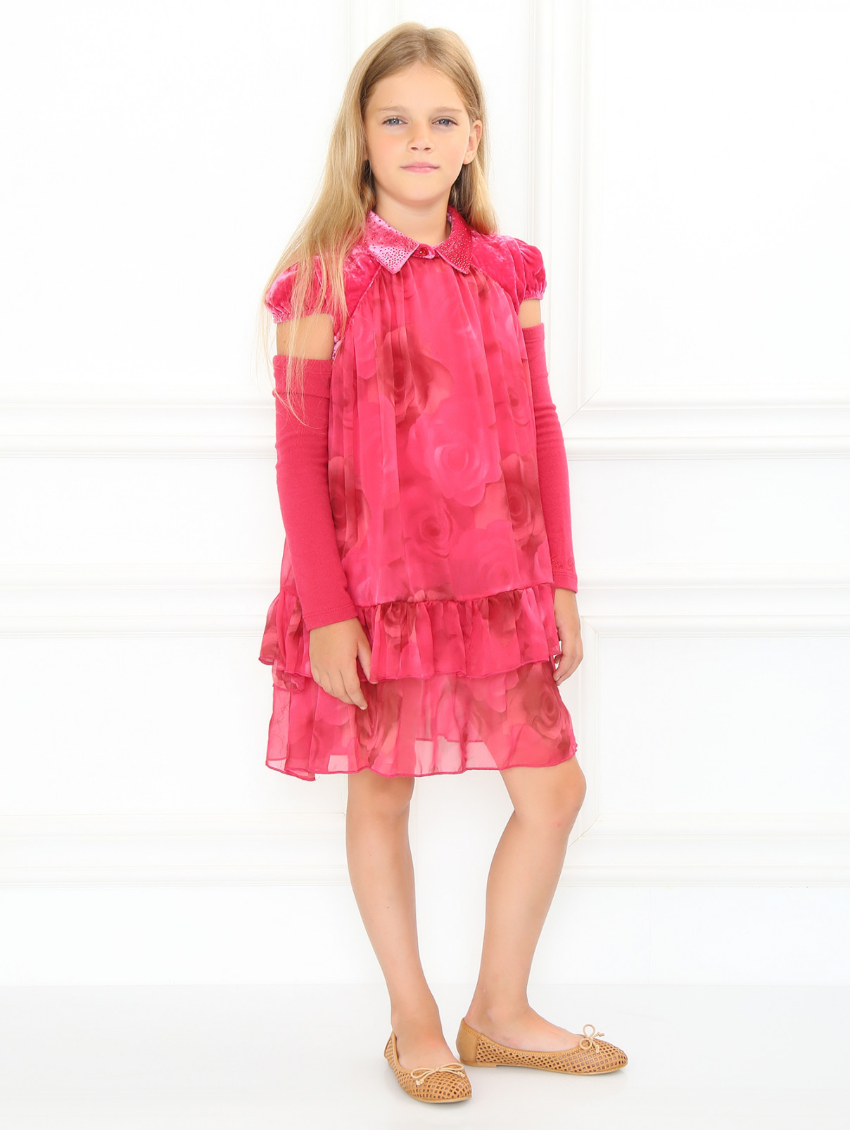 Платье из шелка  свободного кроя с рукавами в комплекте Miss Blumarine  –  Модель Общий вид  – Цвет:  Розовый