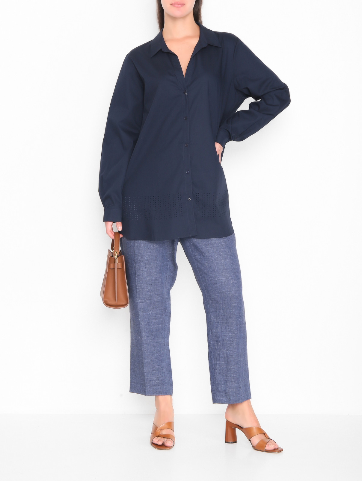 Блуза из хлопка с V-образным вырезом Persona by Marina Rinaldi  –  МодельОбщийВид  – Цвет:  Синий