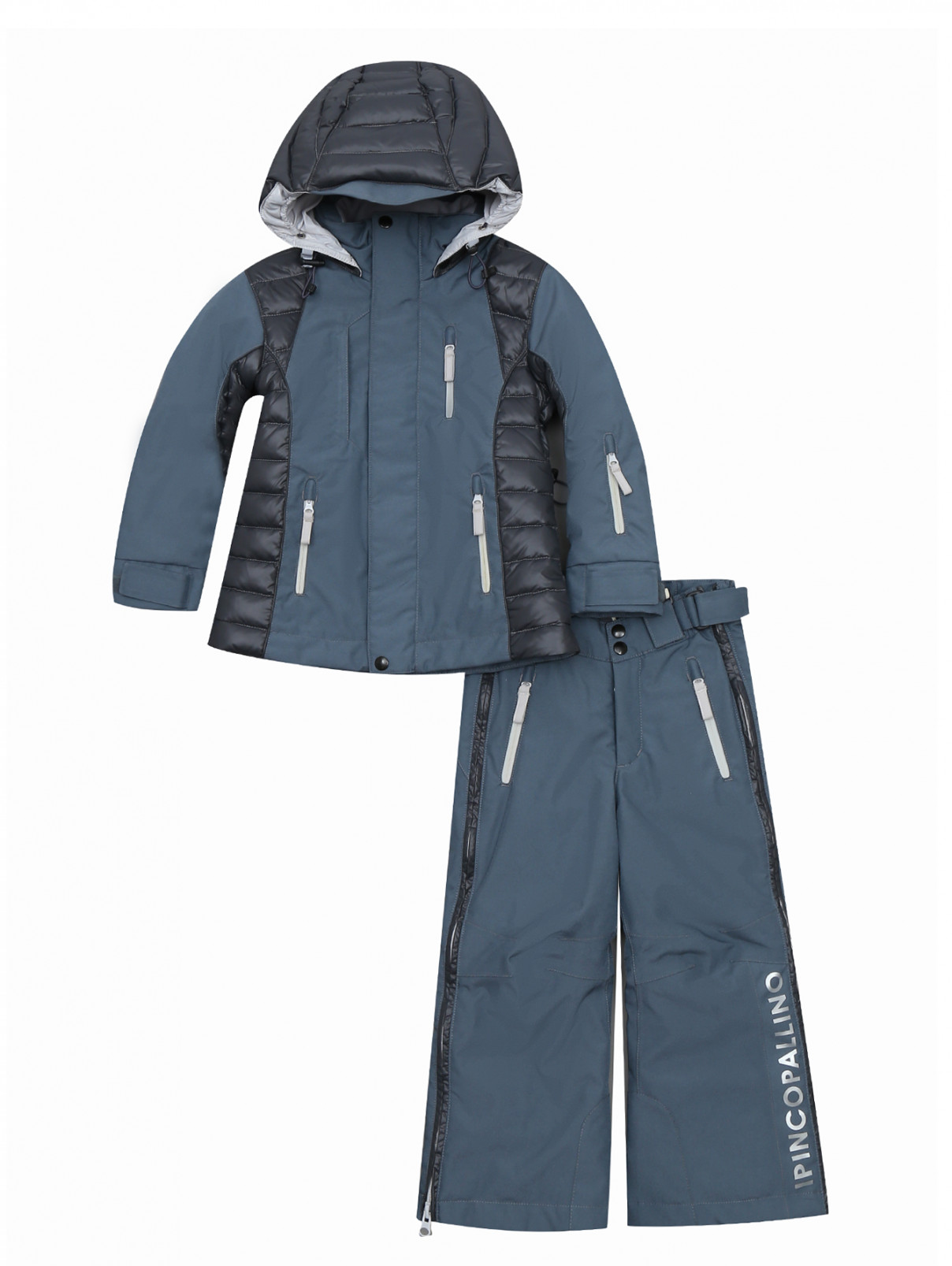 Куртка и комбинезон утепленные с контрастными вставками и принтом I Pinco Pallino  –  Общий вид  – Цвет:  Серый