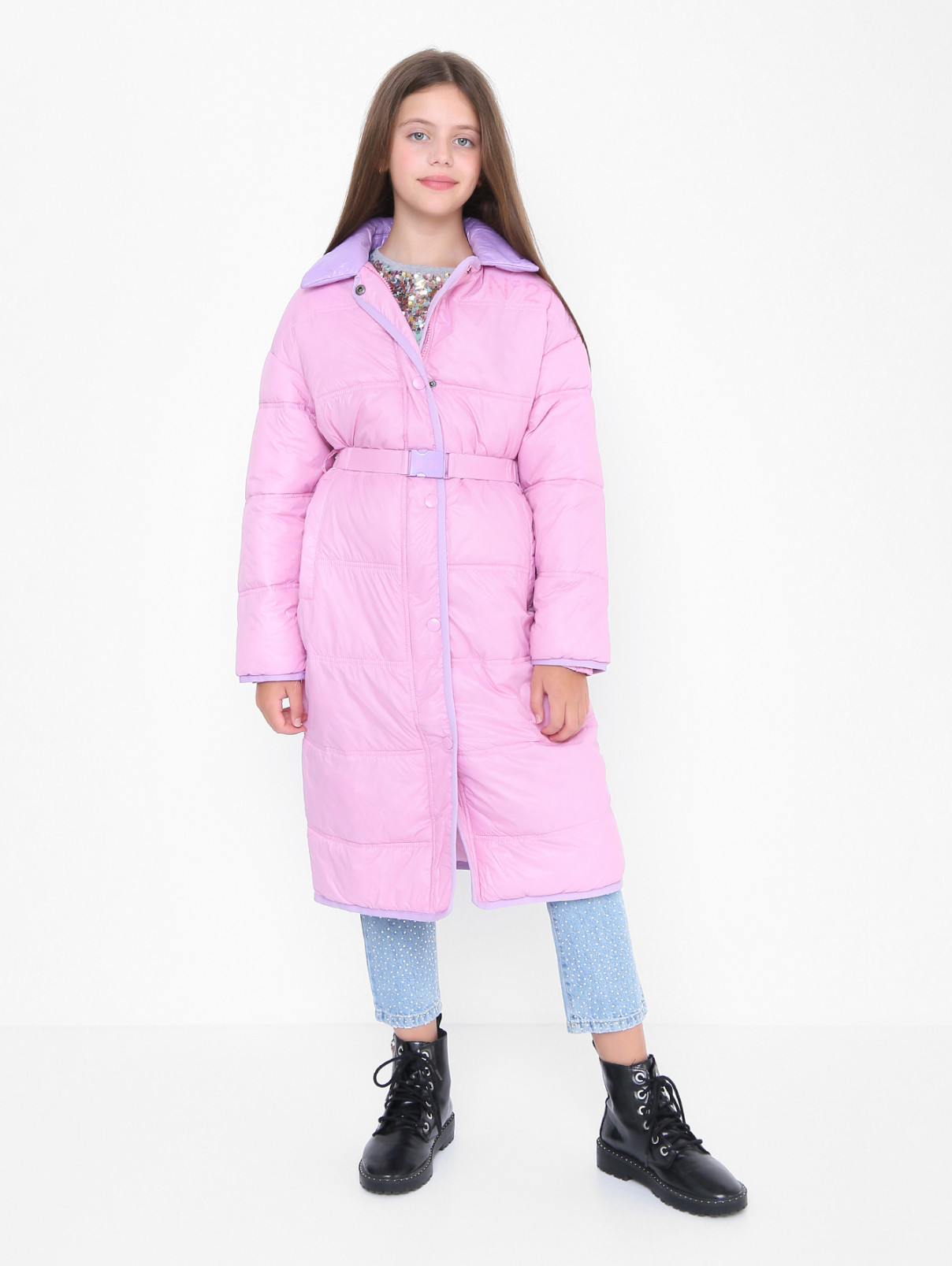 Утепленное пальто с поясом N21  –  МодельОбщийВид  – Цвет:  Розовый