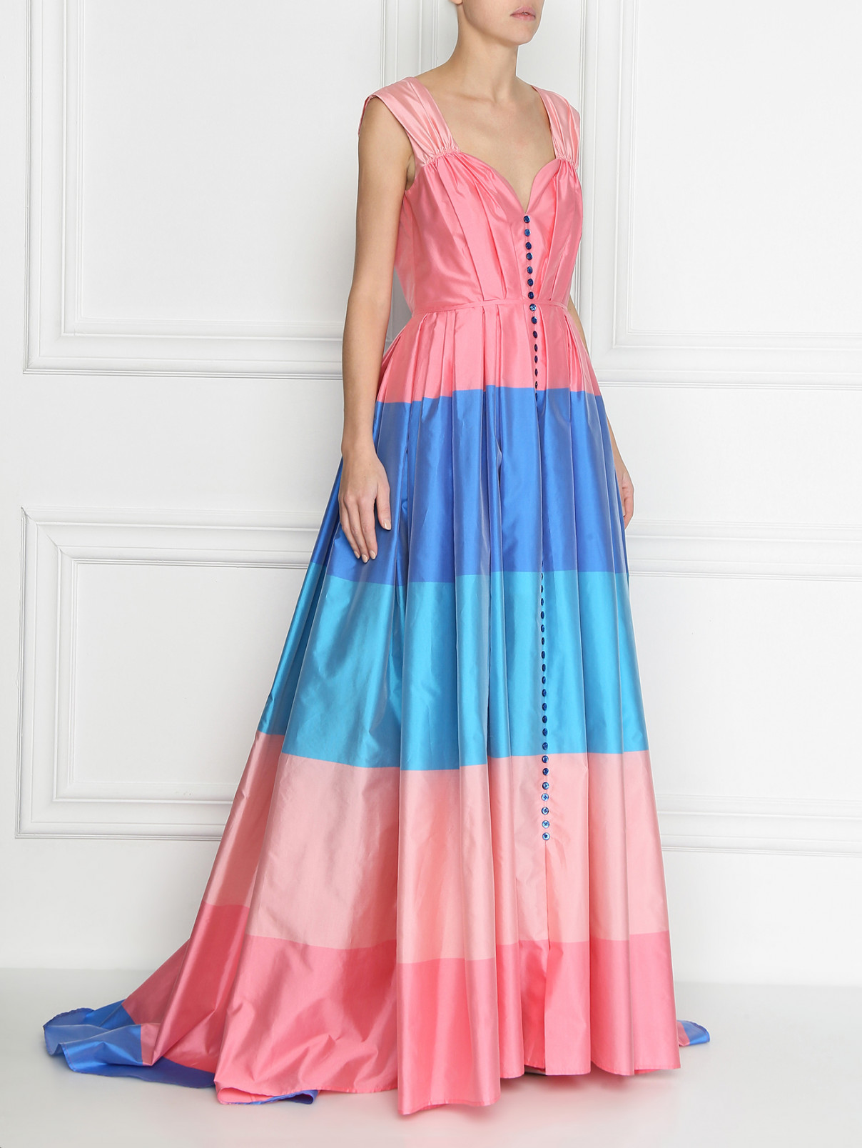 Платье-макси из шелка с пышной юбкой в полоску Carolina Herrera  –  МодельВерхНиз  – Цвет:  Розовый