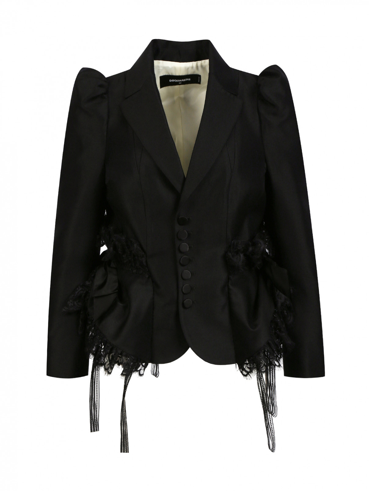 Жакет из шерсти и шелка с объемными рукавами и кружевом Dsquared2  –  Общий вид  – Цвет:  Черный