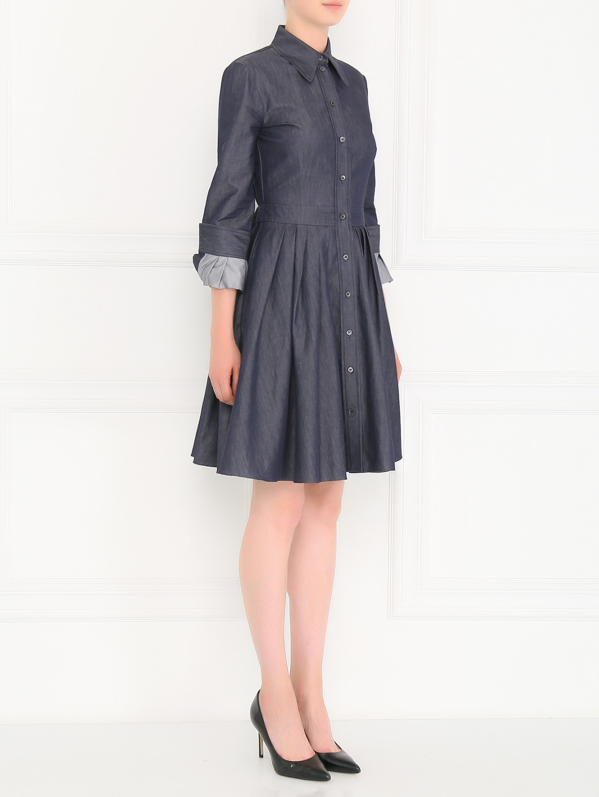 Платье-миди с плиссированным подолом Michael Kors  –  Модель Общий вид  – Цвет:  Синий