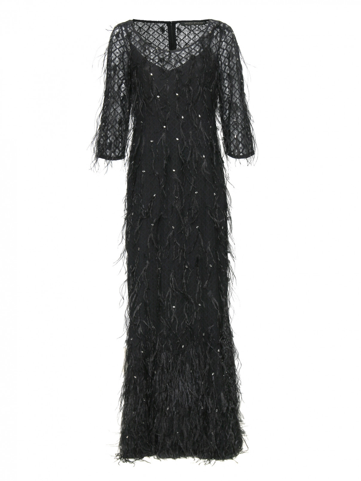 Платье-макси декорированное перьями и пайетками Marina Rinaldi  –  Общий вид  – Цвет:  Черный