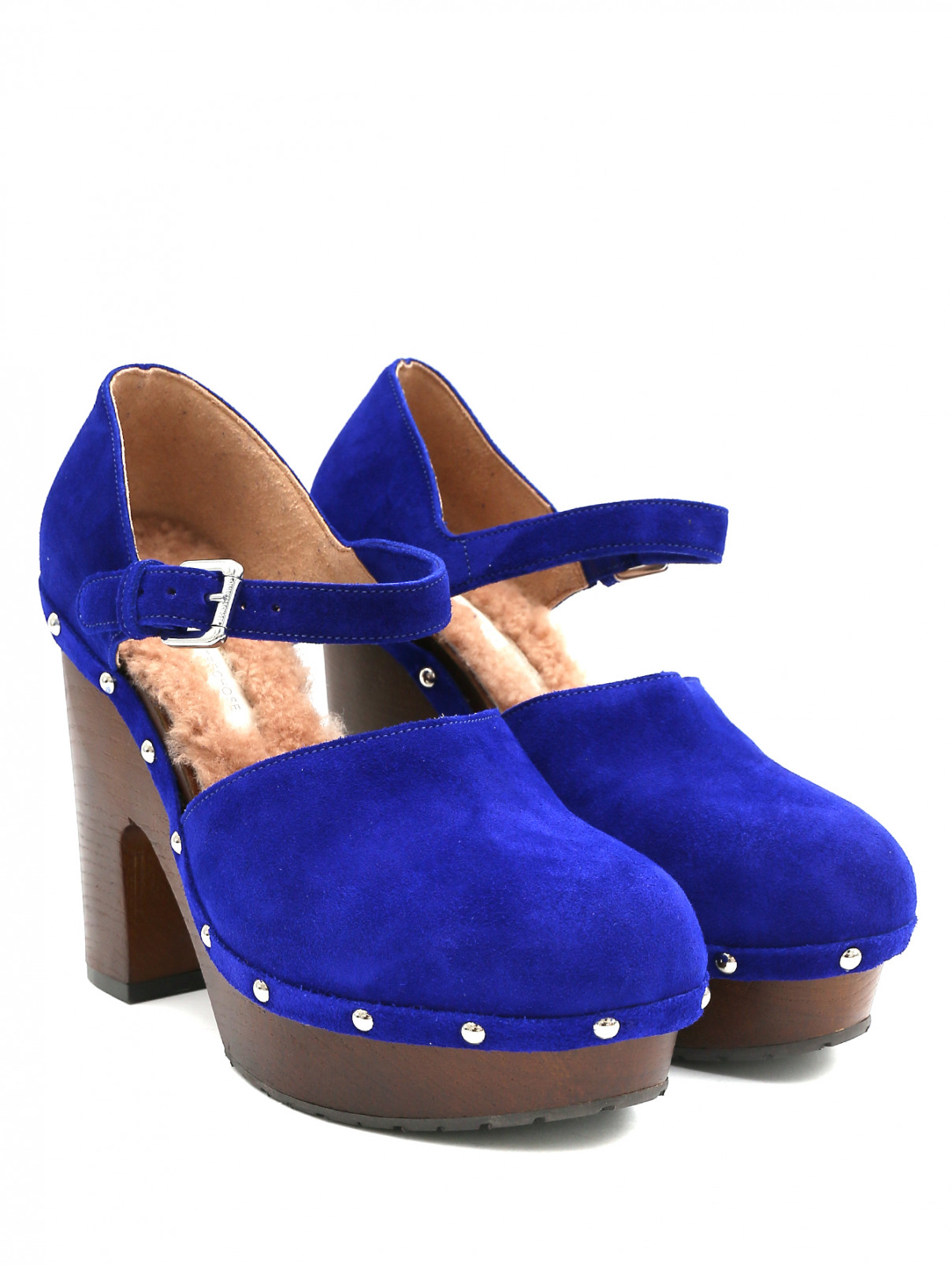 Туфли из замши на устойчивом каблуке с металлической фурнитурой L'autrechose  –  Общий вид  – Цвет:  Синий