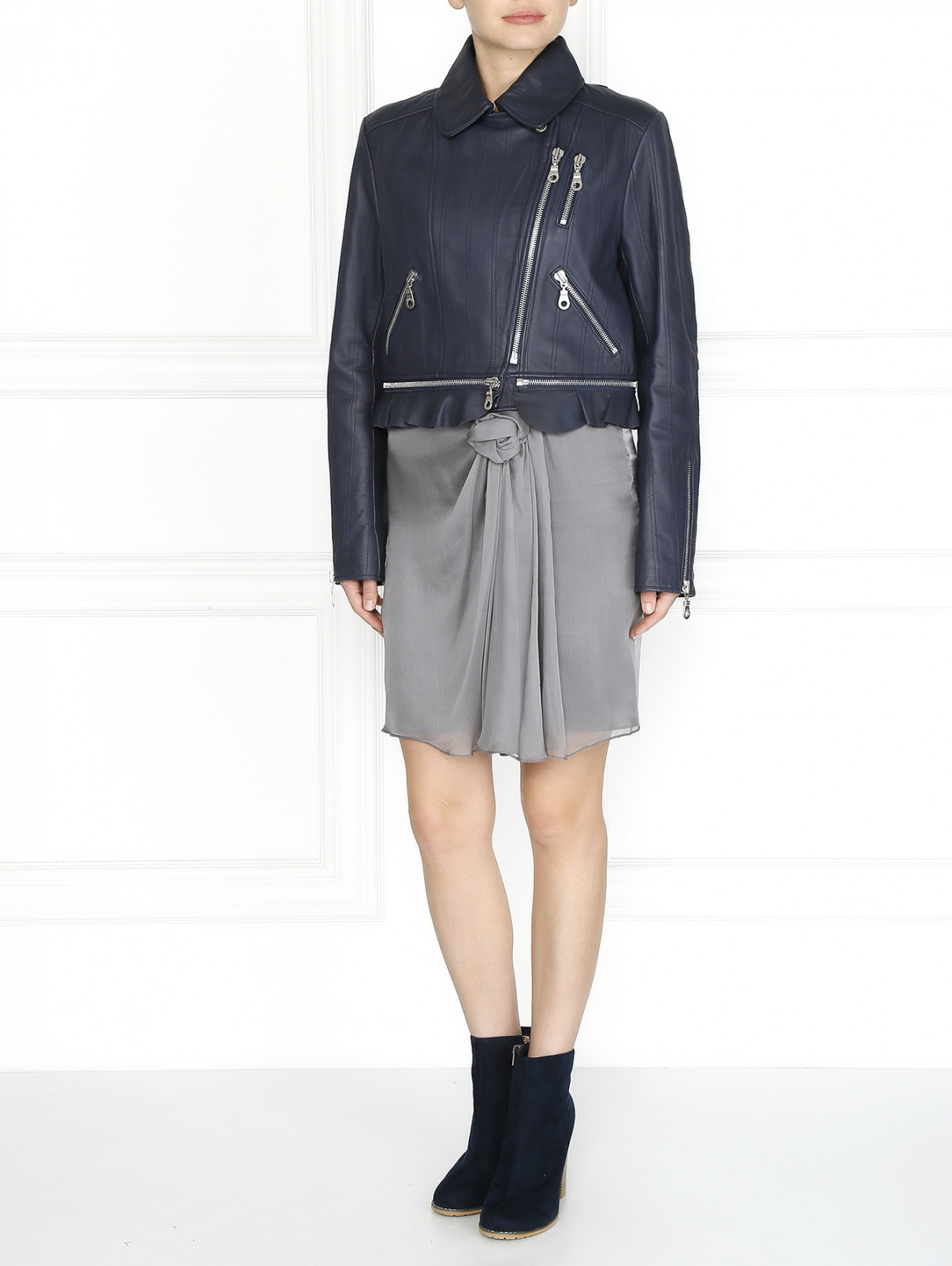 Шелковая мини-юбка с декорированным кожаным поясом Philosophy di Alberta Ferretti  –  Модель Общий вид  – Цвет:  Серый