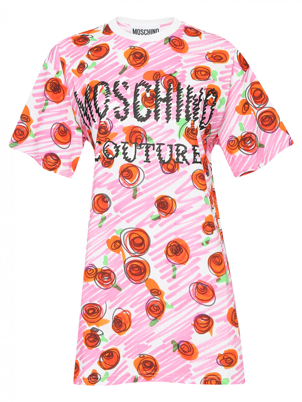 Платье-мини из хлопка с узором и принтом Moschino  –  Общий вид  – Цвет:  Узор