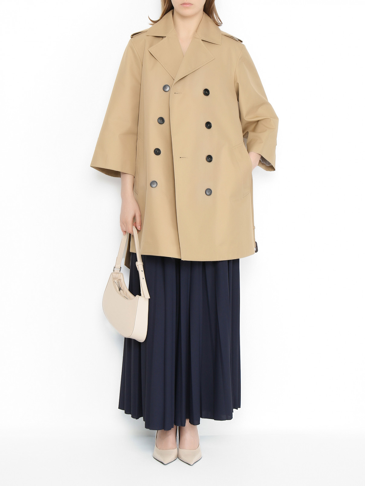 Плащ из смешанного хлопка с поясом Weekend Max Mara  –  МодельОбщийВид  – Цвет:  Бежевый