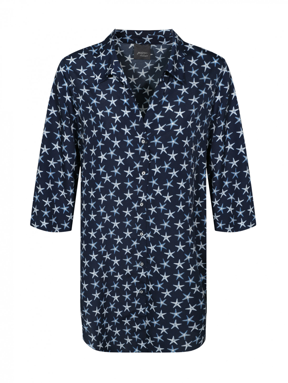 Блуза свободного кроя с узором Persona by Marina Rinaldi  –  Общий вид  – Цвет:  Синий