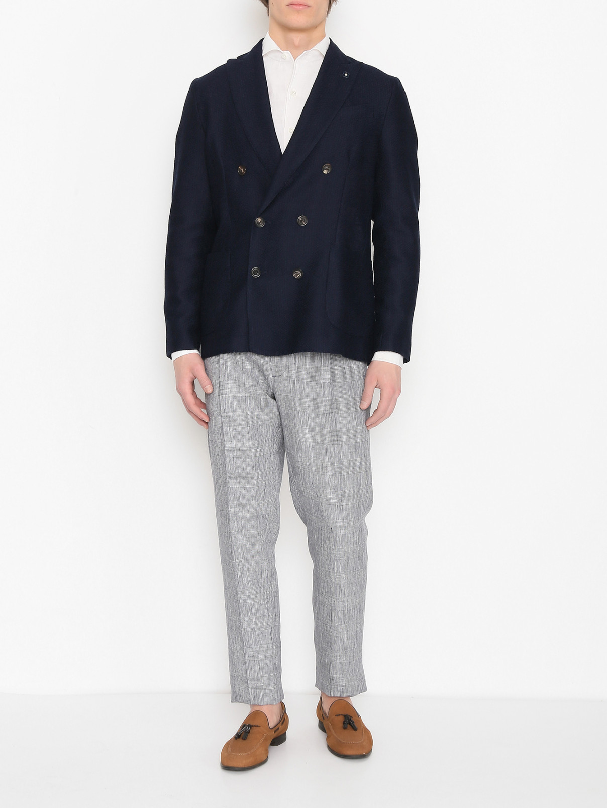 Пиджак из хлопка и льна с карманами LARDINI  –  МодельОбщийВид  – Цвет:  Синий