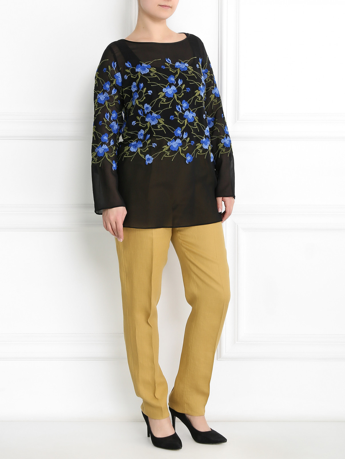 Блуза из шелка и хлопка с цветочной вышивкой Marina Rinaldi  –  Модель Общий вид  – Цвет:  Узор