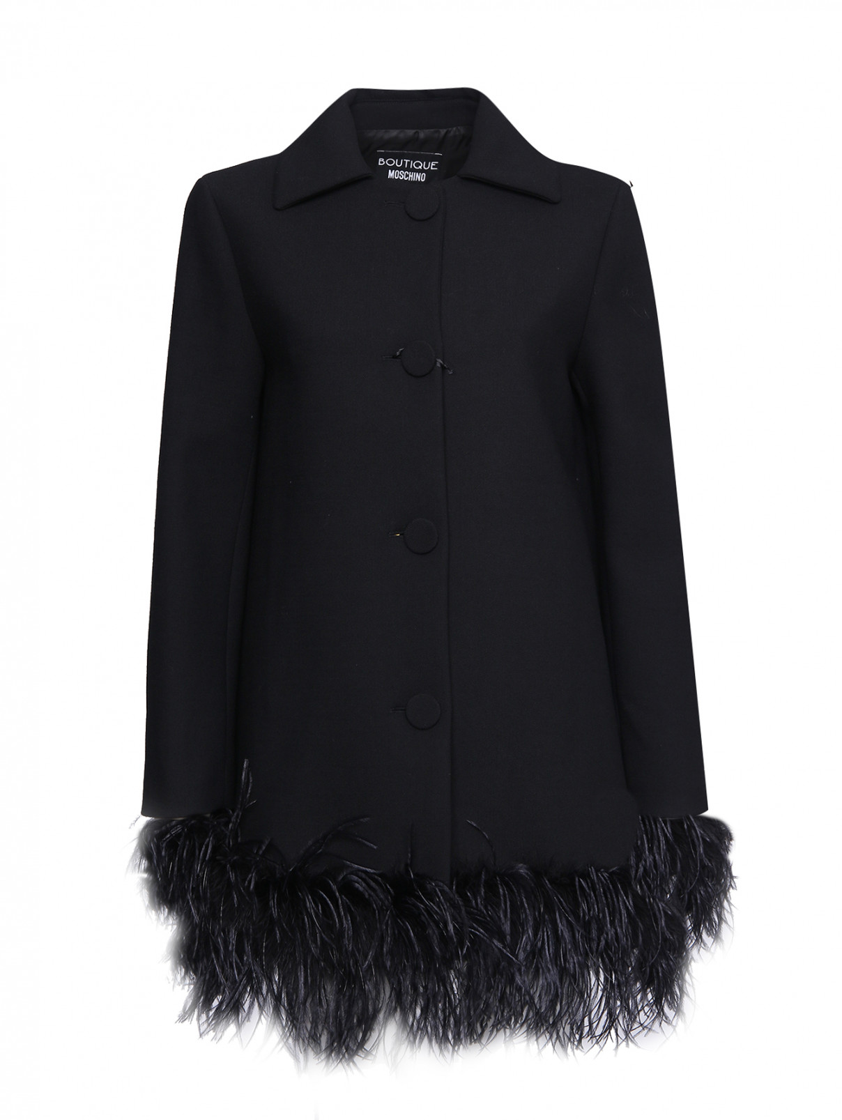 Пальто декорированное перьями BOUTIQUE MOSCHINO  –  Общий вид  – Цвет:  Черный