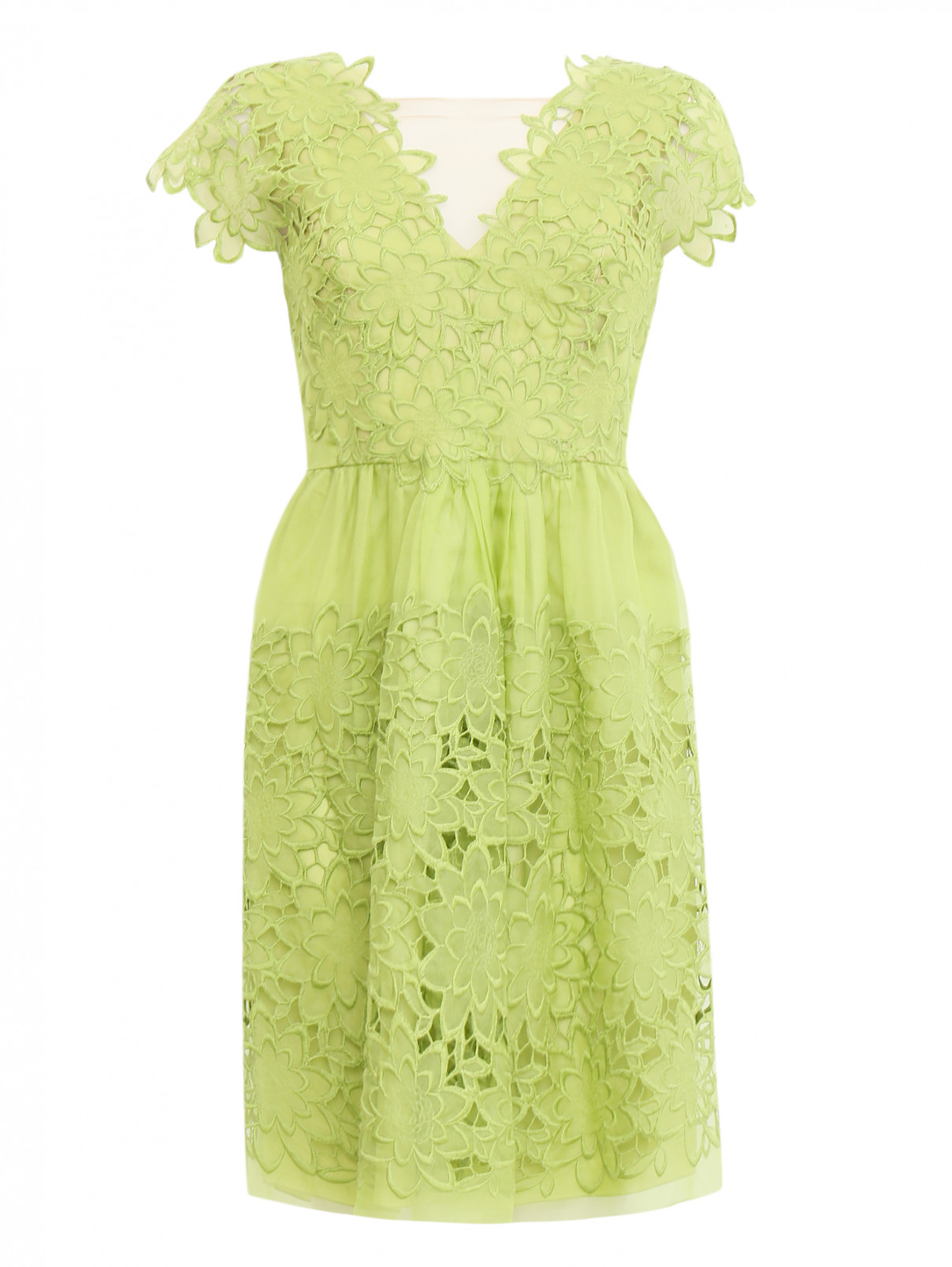 Платье из хлопка и шелка с ажурными вставками Alberta Ferretti  –  Общий вид  – Цвет:  Зеленый