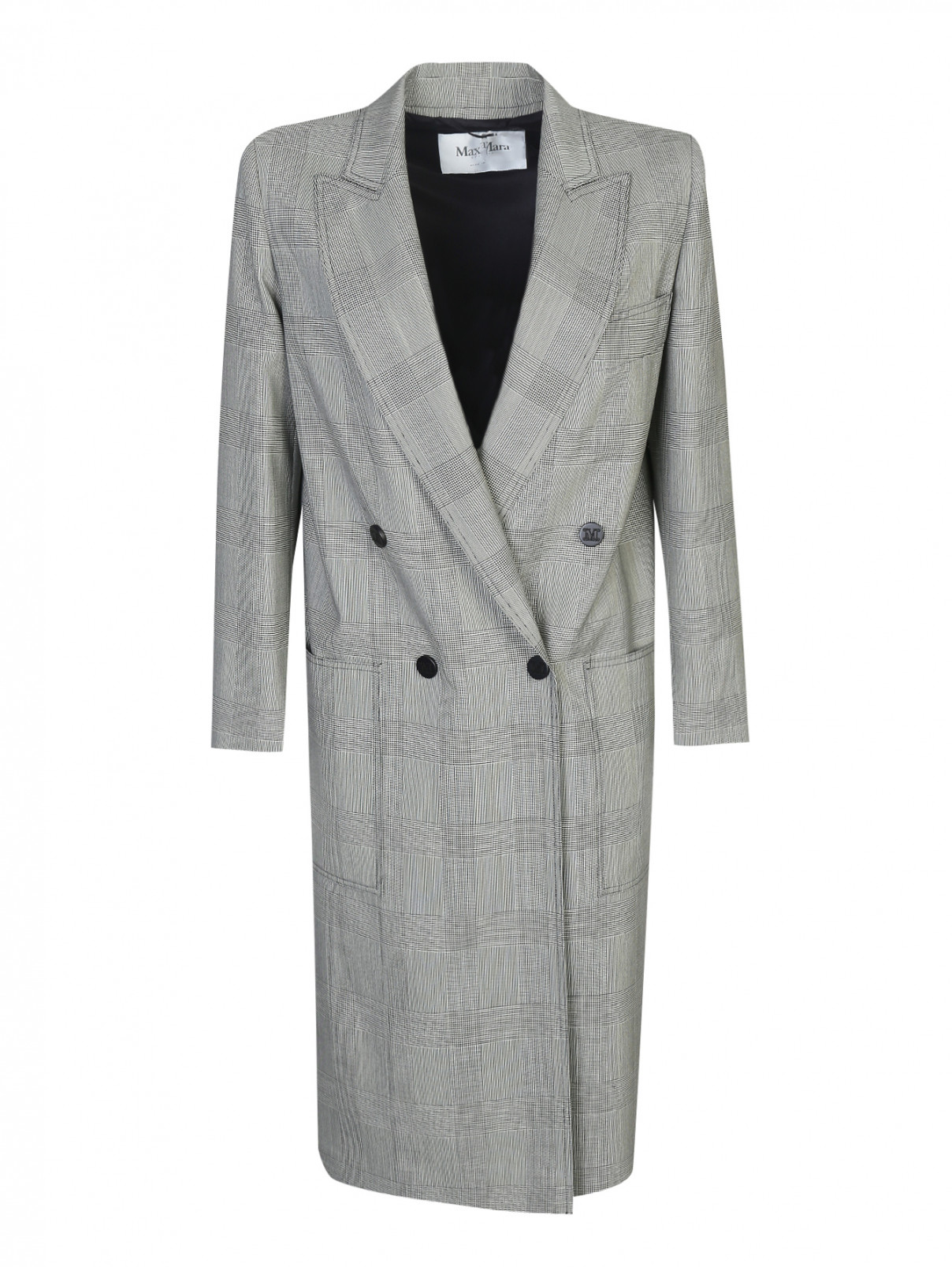 Двубортное пальто из шерсти с узором "клетка" и накладными карманами Max Mara  –  Общий вид  – Цвет:  Серый