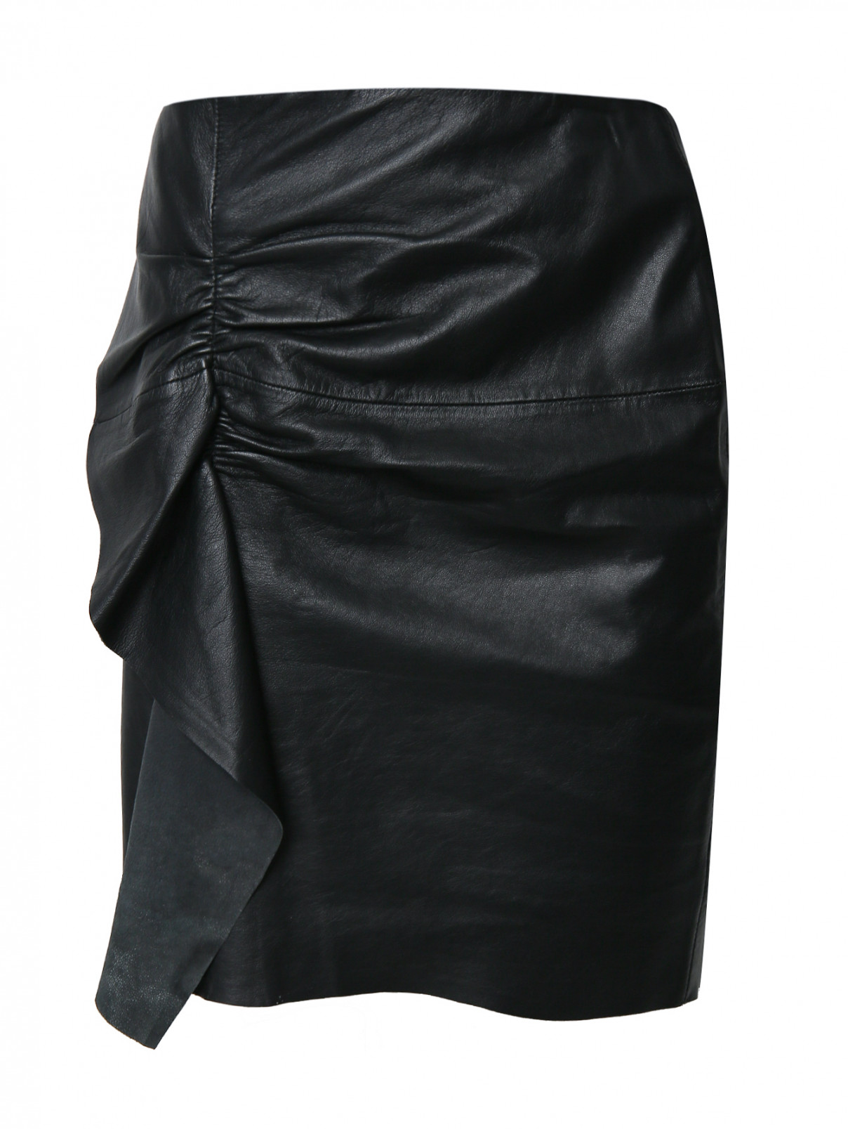 Юбка мини  из кожи с драпировкой DESIGNERS REMIX  –  Общий вид  – Цвет:  Черный