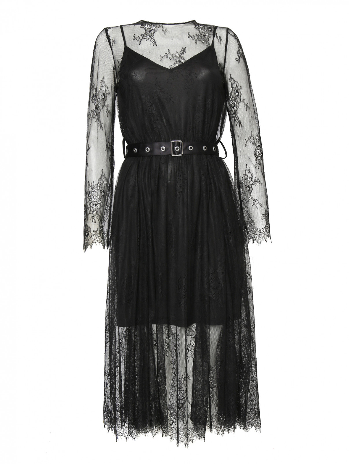 Платье-миди из кружева Mo&Co  –  Общий вид  – Цвет:  Черный