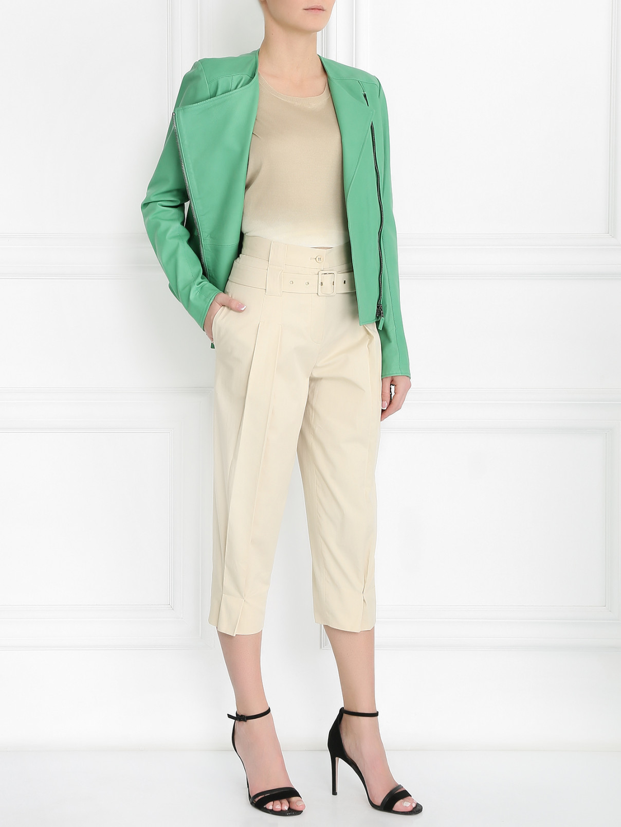 Куртка из кожи с косой застежкой-молнией Etro  –  Модель Общий вид  – Цвет:  Зеленый