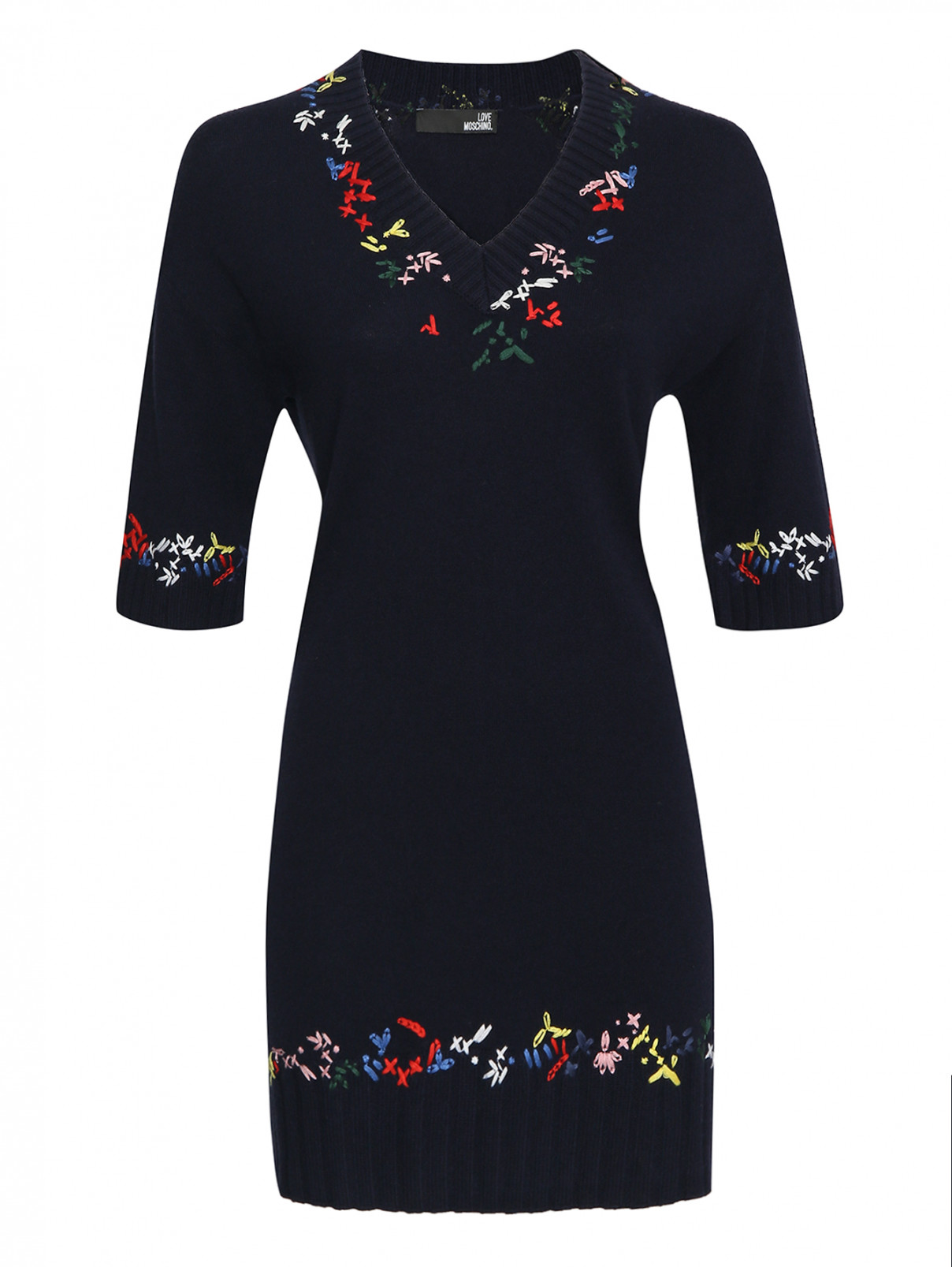 Трикотажное платье с вышивкой Love Moschino  –  Общий вид  – Цвет:  Синий