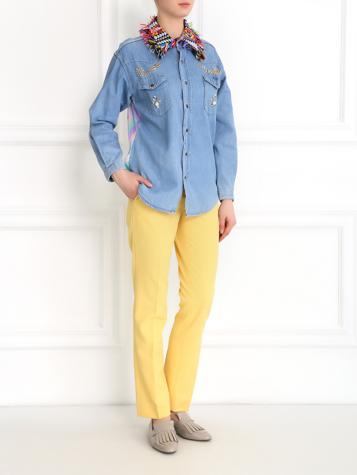 Блуза из денима и шелка с аппликацией Forte Dei Marmi Couture  –  Модель Общий вид  – Цвет:  Синий