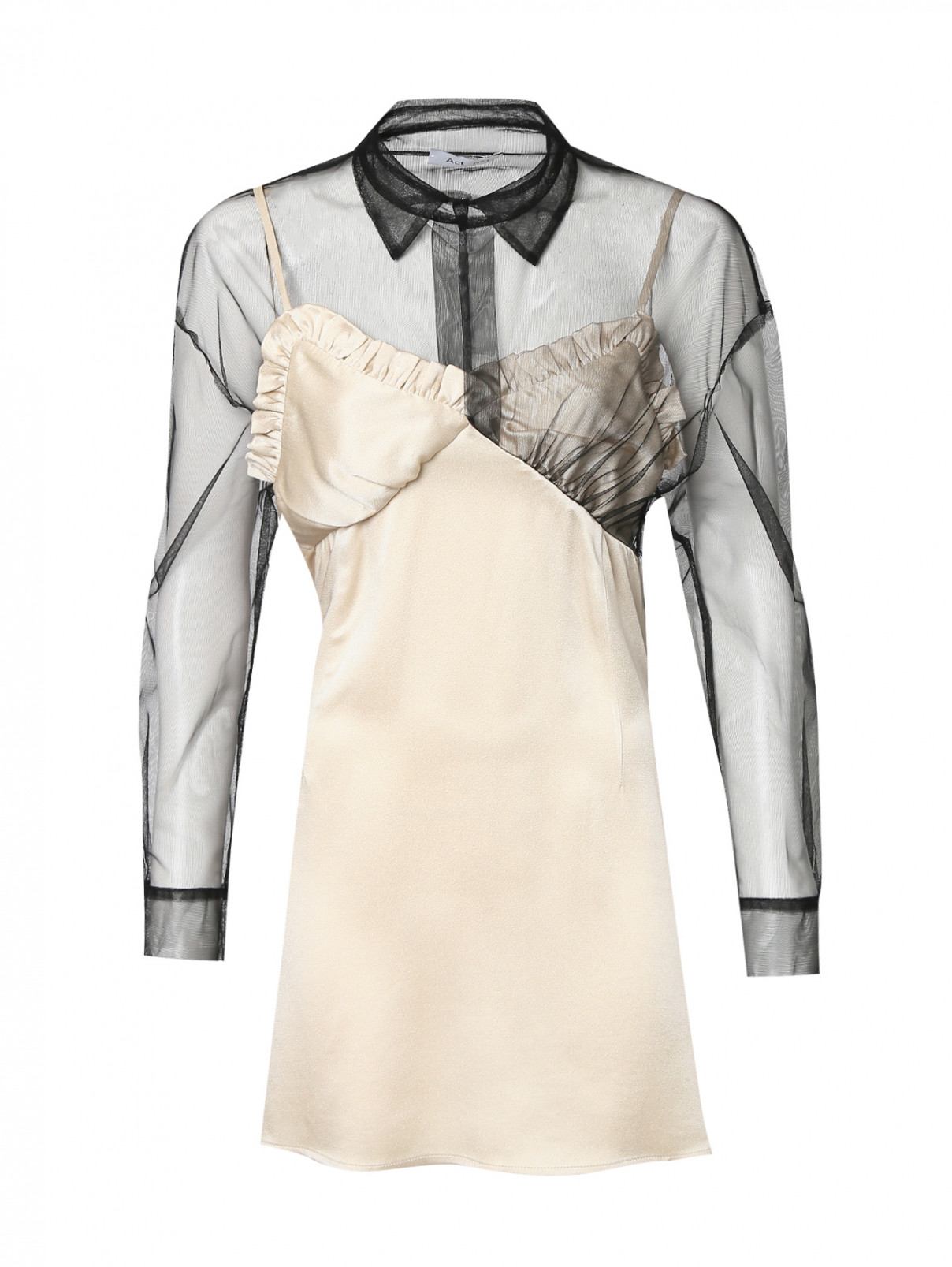 Платье-мини с рукавами из сетки Act №1  –  Общий вид  – Цвет:  Бежевый
