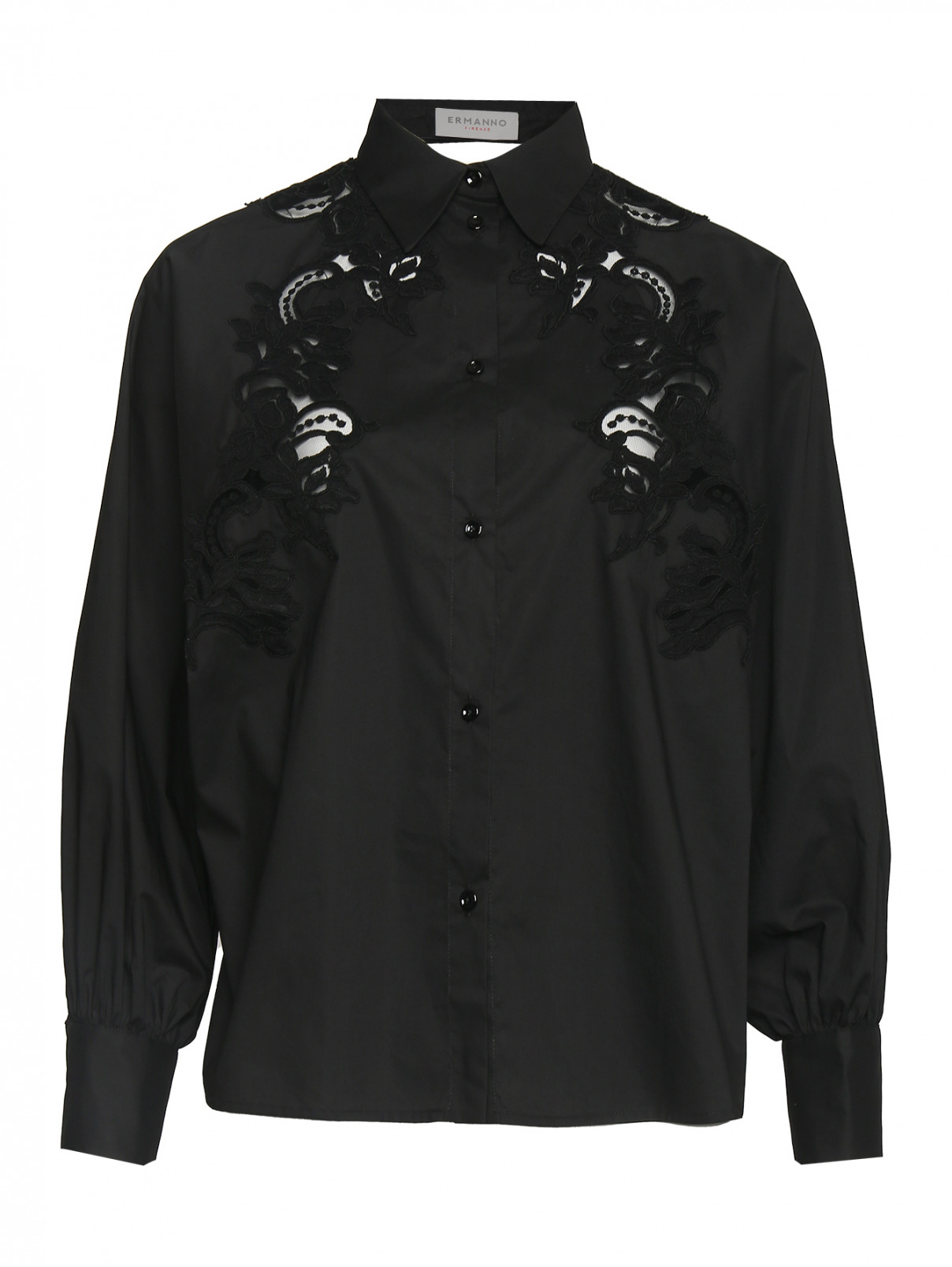 Блуза из хлопка с кружевной аппликацией Ermanno Firenze  –  Общий вид  – Цвет:  Черный