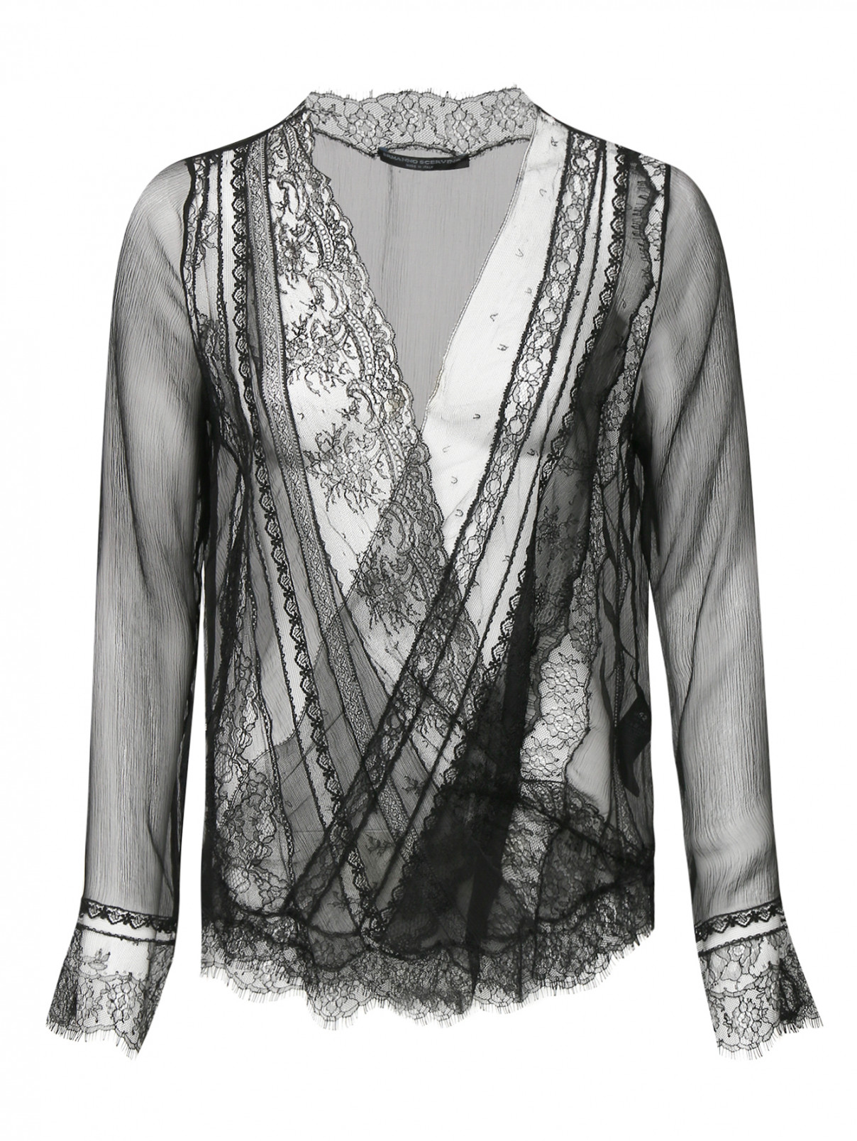 Блуза из шелка с кружевной отделкой Ermanno Scervino  –  Общий вид  – Цвет:  Черный