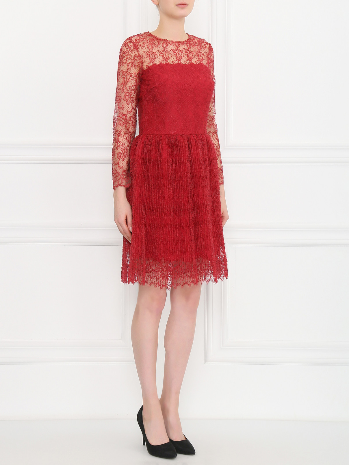 Платье-мини из шелка с ажурным узором Ermanno Scervino  –  Модель Общий вид  – Цвет:  Красный