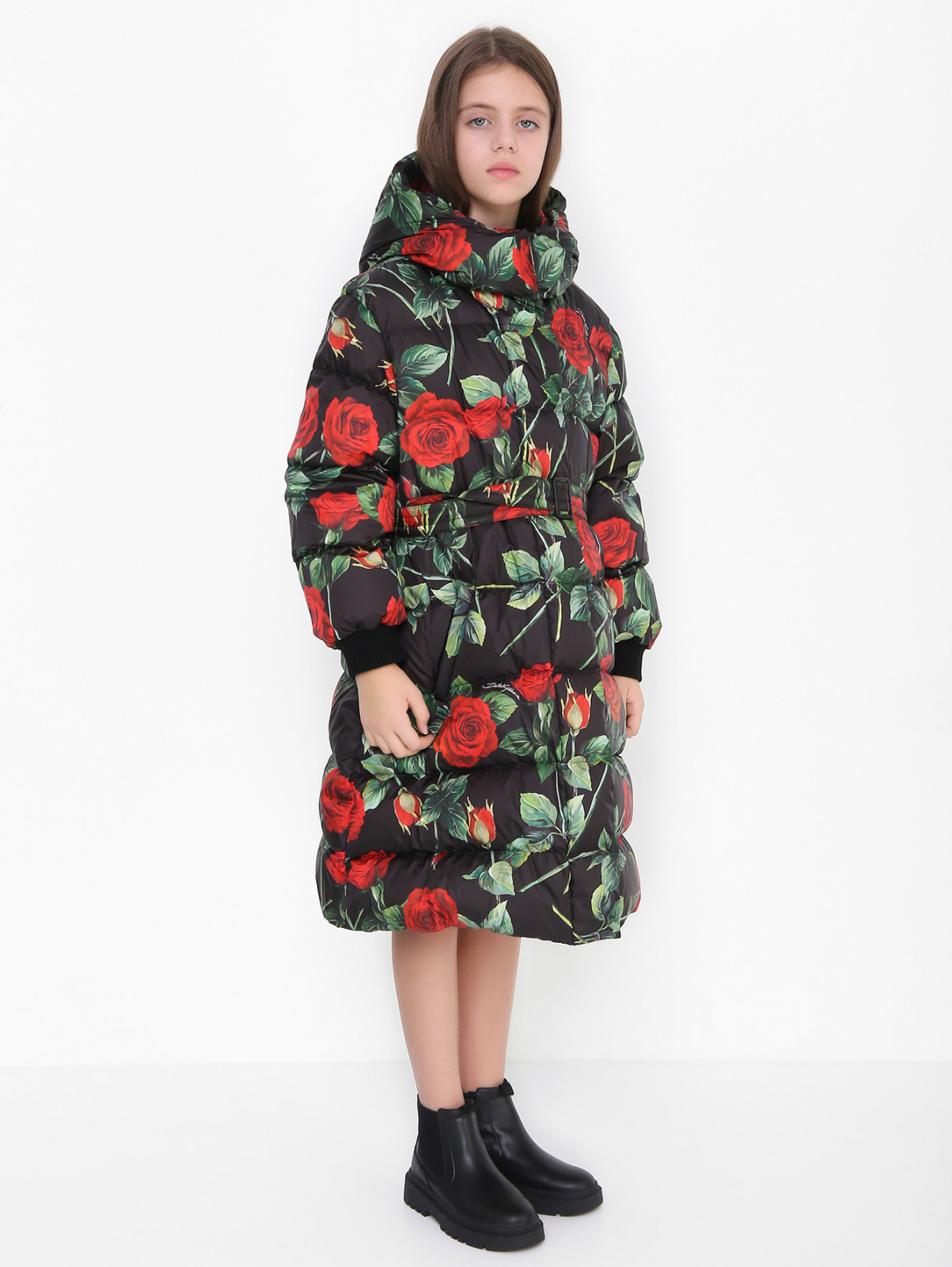 Пуховое пальто с цветочным узором Dolce & Gabbana  –  МодельВерхНиз  – Цвет:  Узор