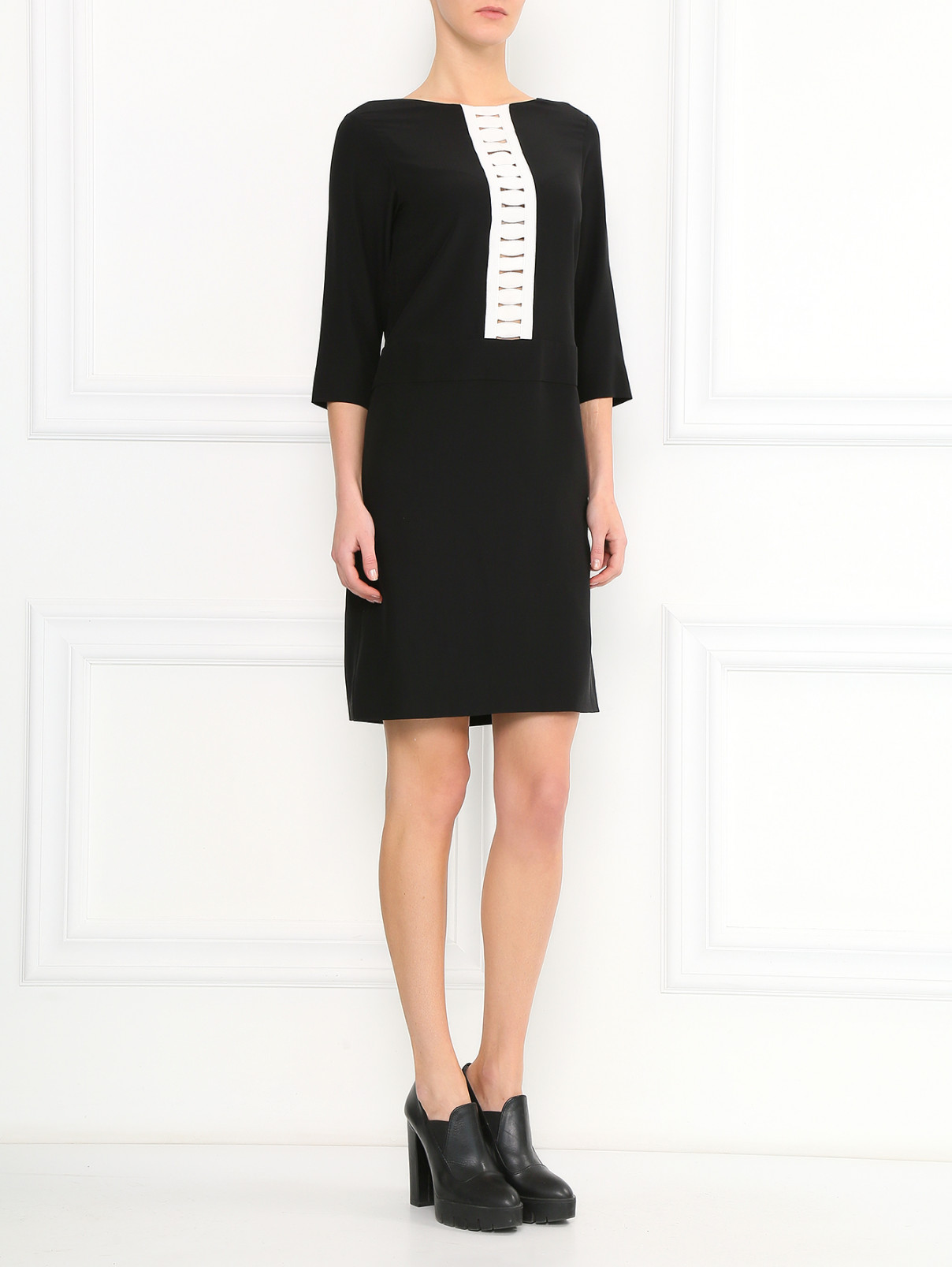 Платье-мини шелка с контрастной отделкой и рукавами 3/4 Moschino  –  Модель Общий вид  – Цвет:  Черный