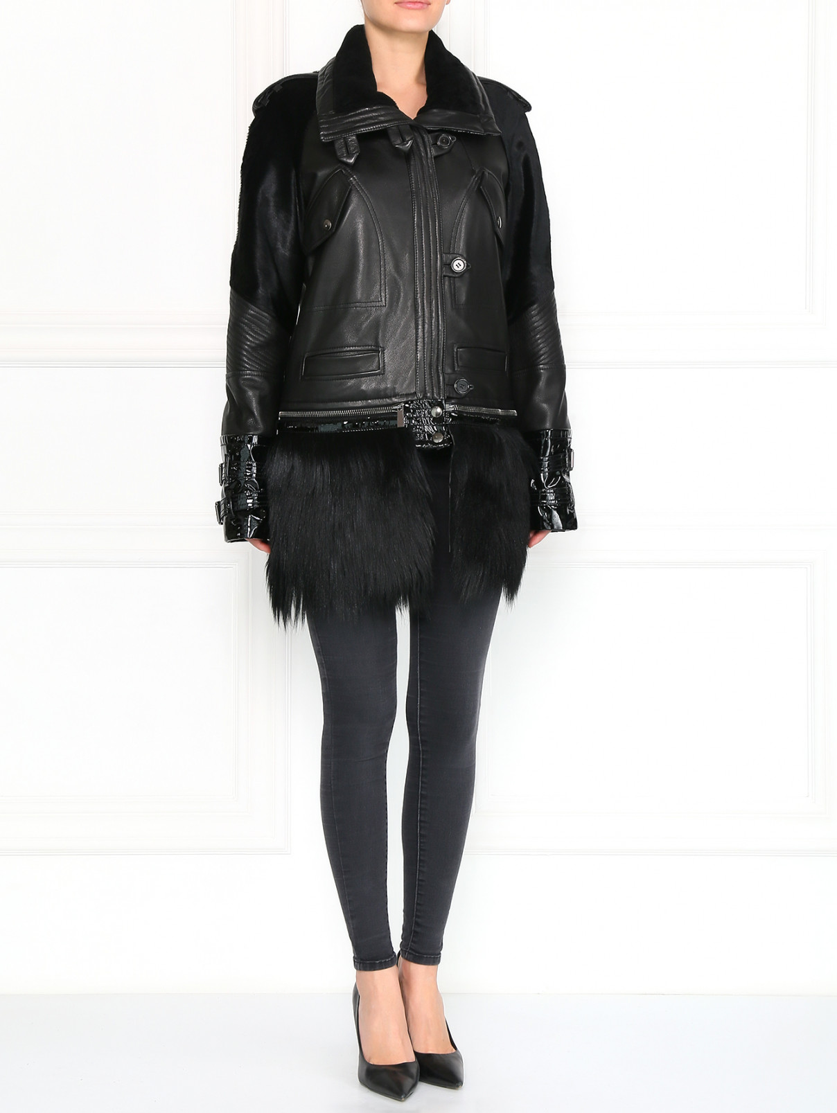 Кожаная куртка с деталями из меха Barbara Bui  –  Модель Общий вид  – Цвет:  Черный