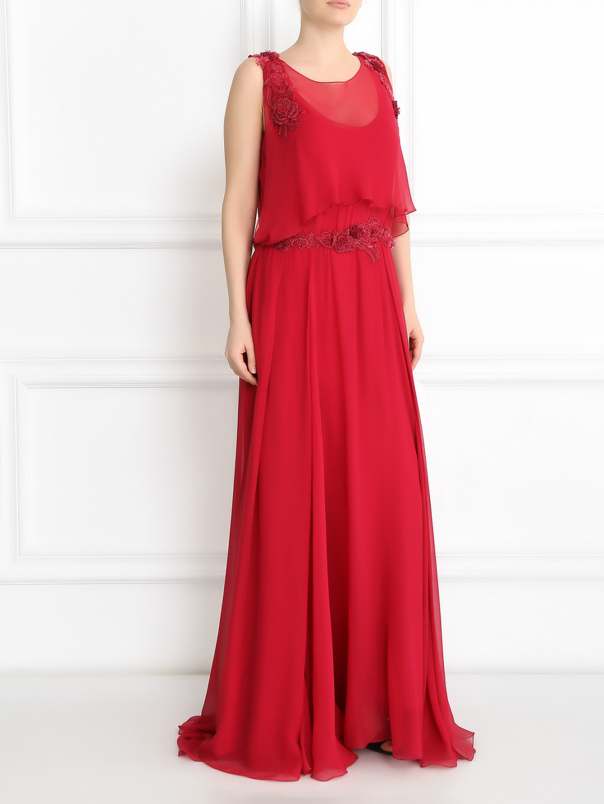 Платье-макси из шелка с драпировкой декорированное бисером Alberta Ferretti  –  Модель Общий вид  – Цвет:  Красный