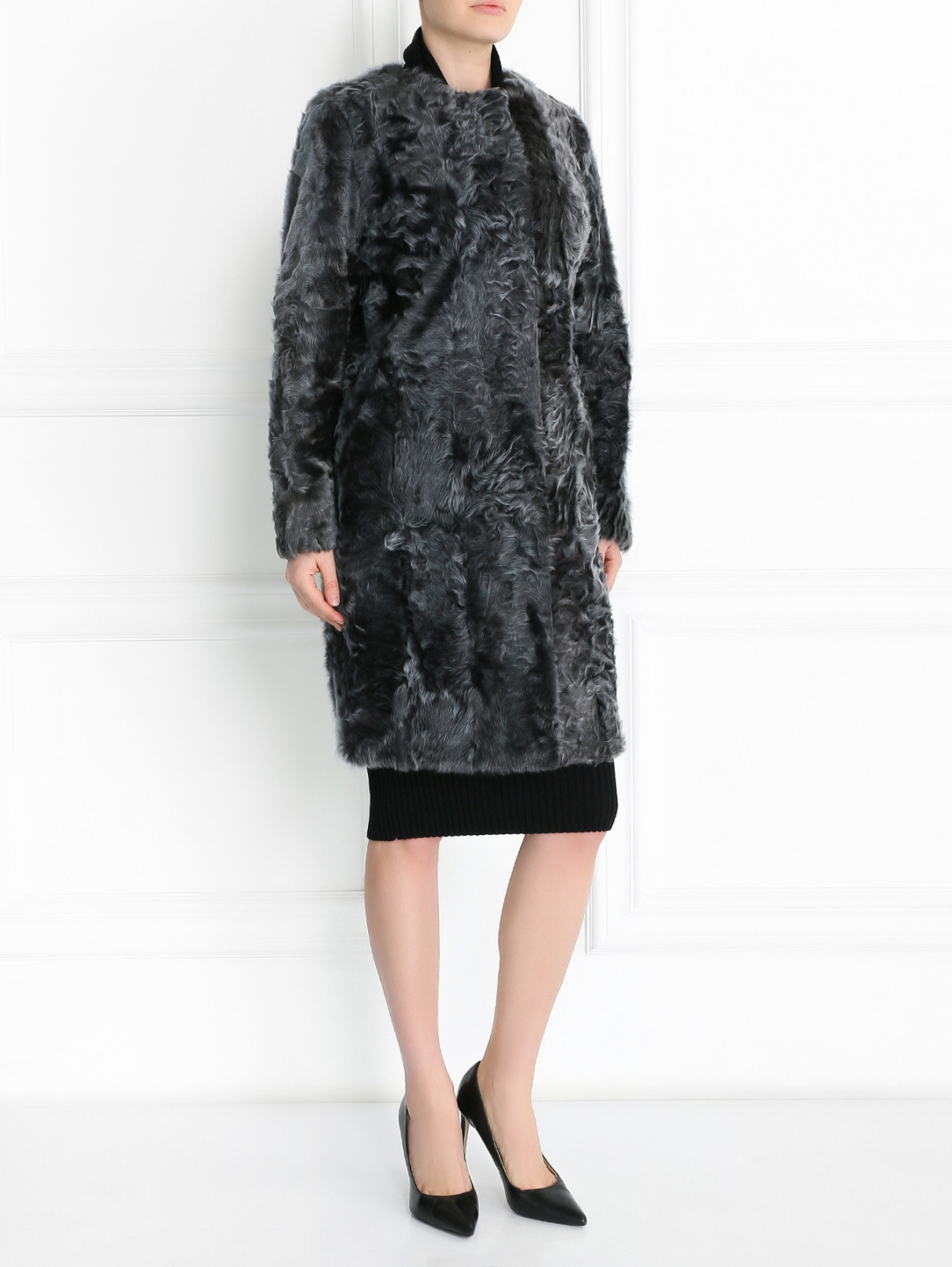 Пальто из кожи ягненка с отделкой из меха Fabio Gavazzi  –  Модель Общий вид  – Цвет:  Серый