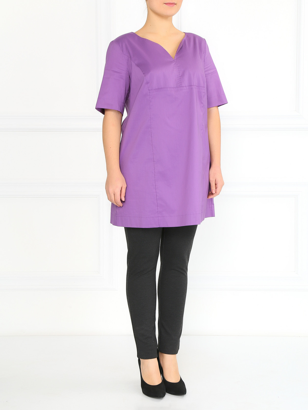 Платье из хлопка с коротким рукавом Marina Rinaldi  –  Модель Общий вид  – Цвет:  Фиолетовый