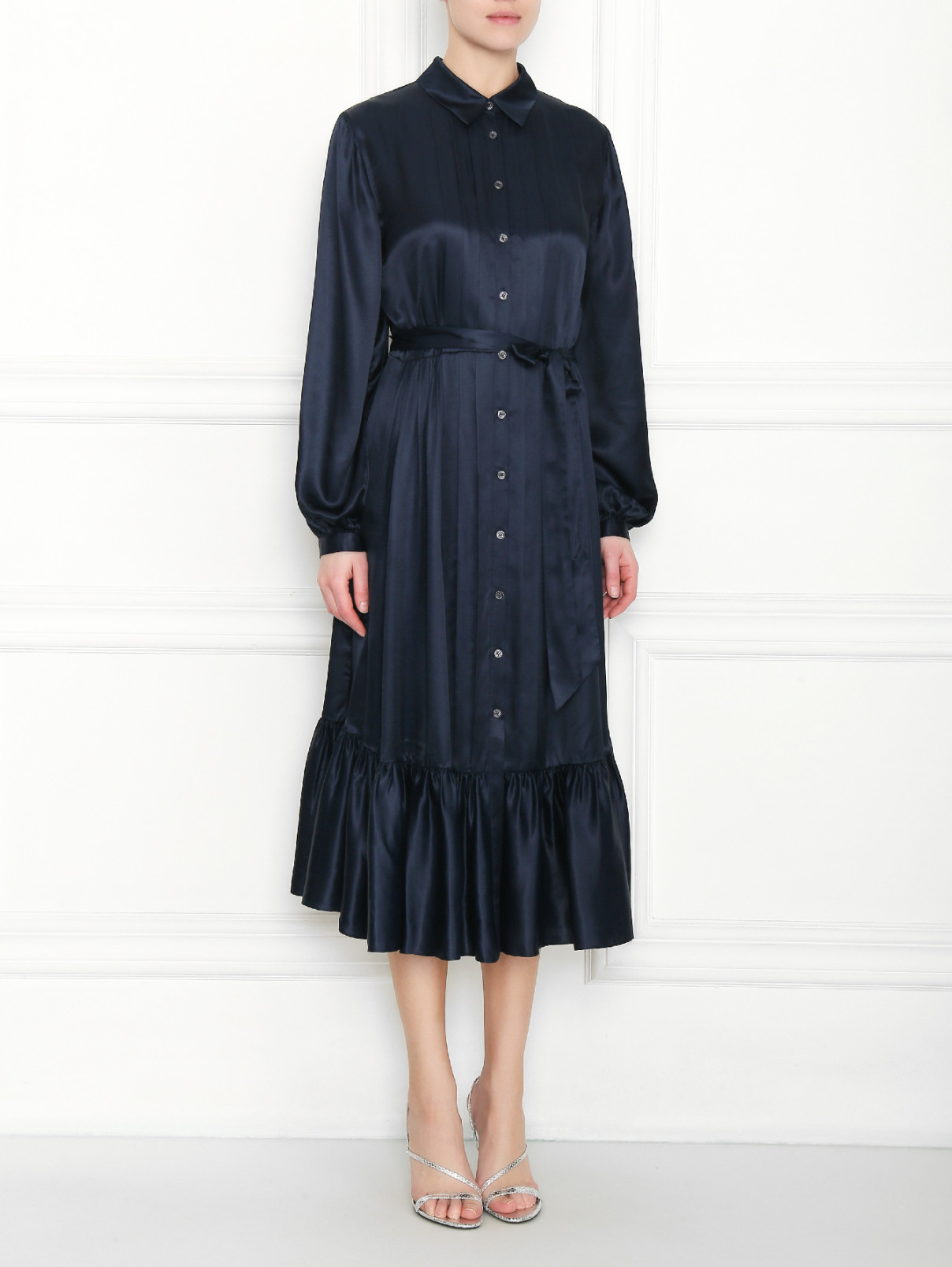 платье на пуговицах из вискозы и шелка Temperley London  –  МодельВерхНиз  – Цвет:  Синий