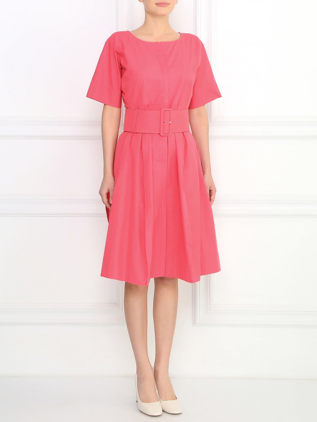 Платье-футляр из хлопка с поясом Jil Sander  –  Модель Общий вид  – Цвет:  Розовый