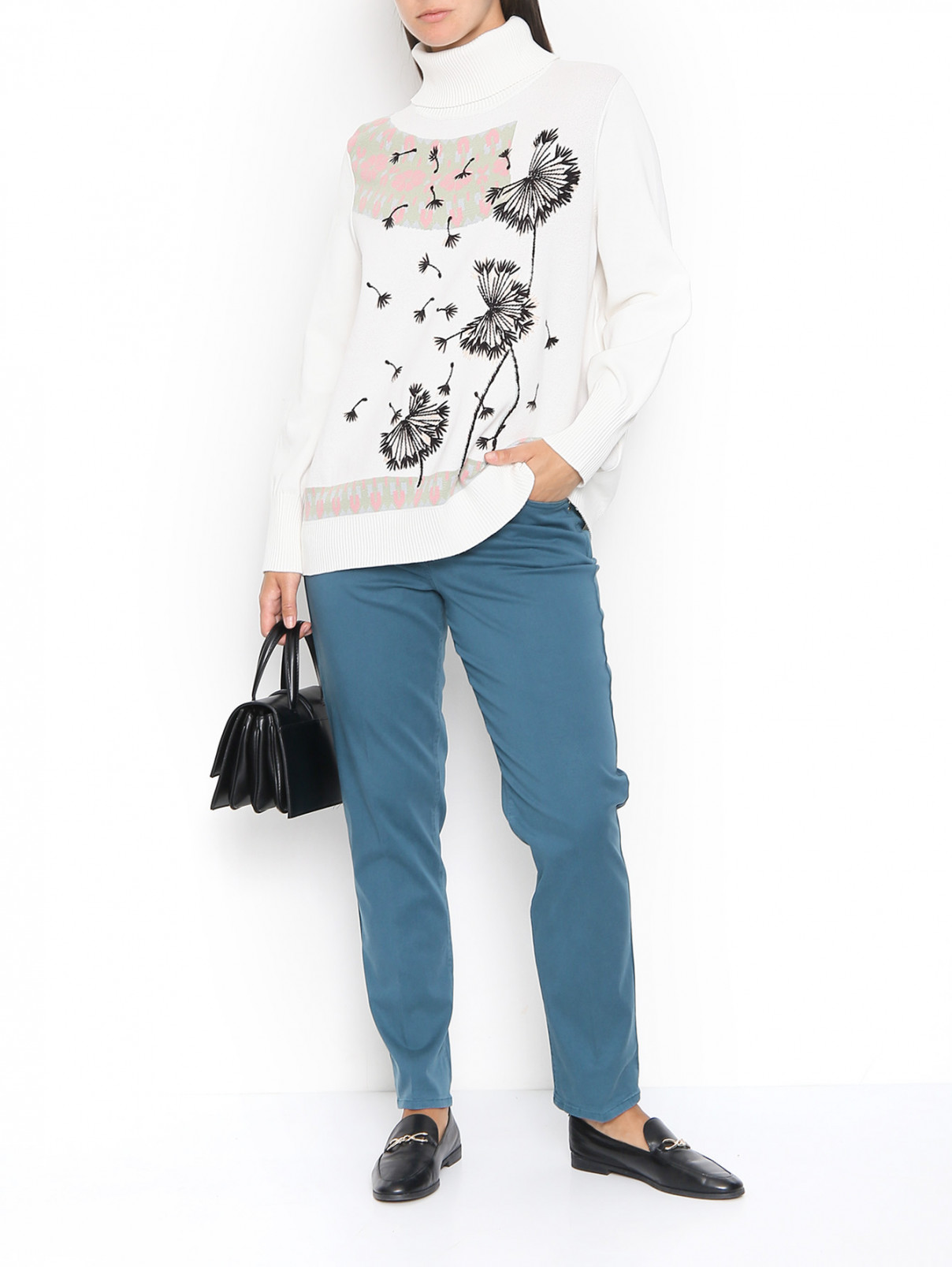 Свитер из хлопка с узором и вышивкой Marina Rinaldi  –  МодельОбщийВид  – Цвет:  Белый
