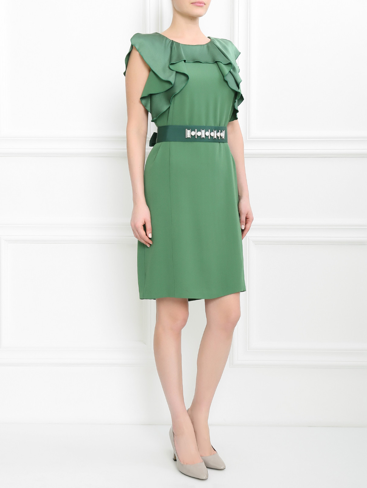 Платье из вискозы с декоративным поясом и воланами Max&Co  –  Модель Общий вид  – Цвет:  Зеленый