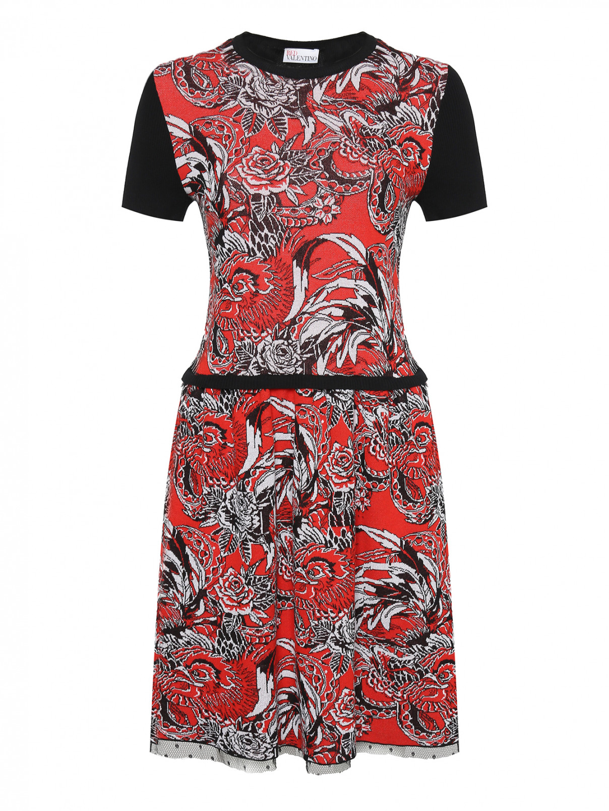 Платье из хлопка с цветочным узором Red Valentino  –  Общий вид  – Цвет:  Красный