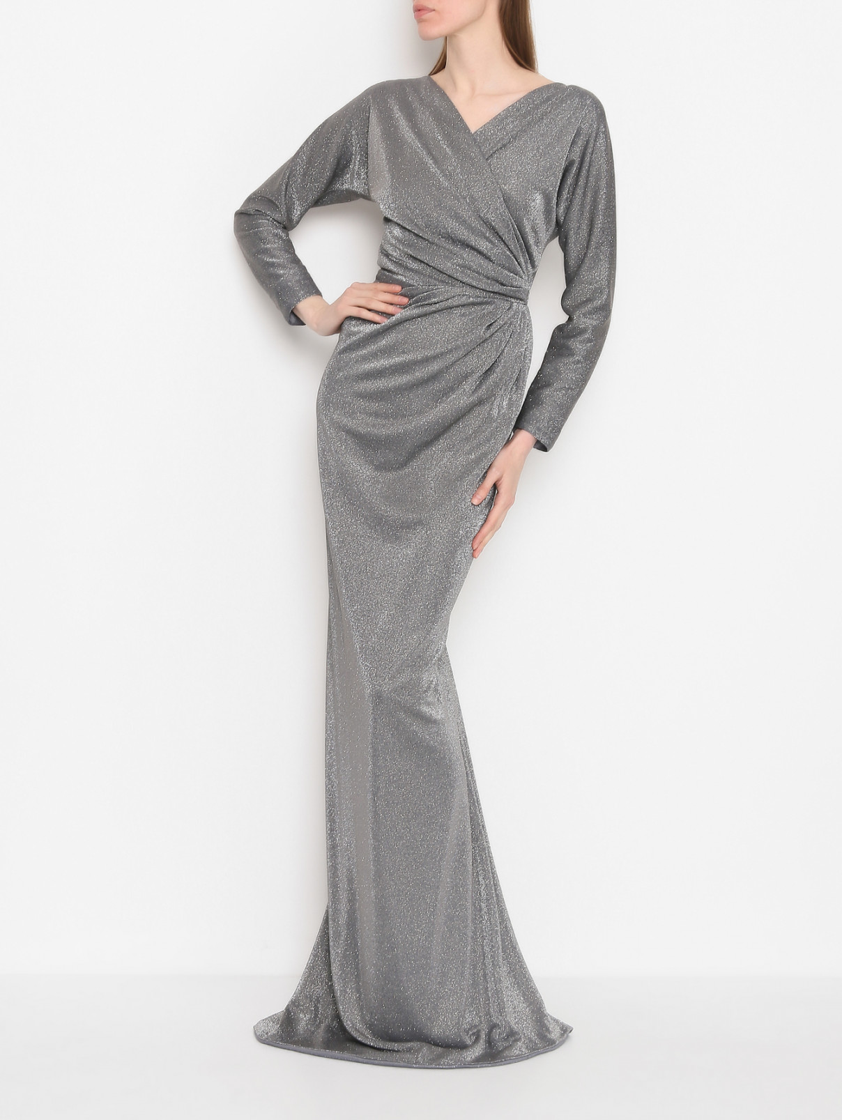 Платье-макси со сборкой Rhea Costa  –  МодельОбщийВид  – Цвет:  Серый