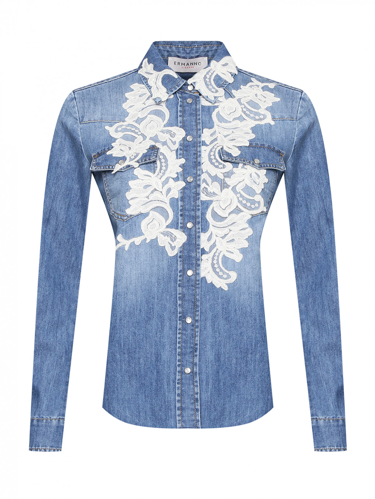 Рубашка из денима с аппликацией Ermanno Firenze  –  Общий вид  – Цвет:  Синий