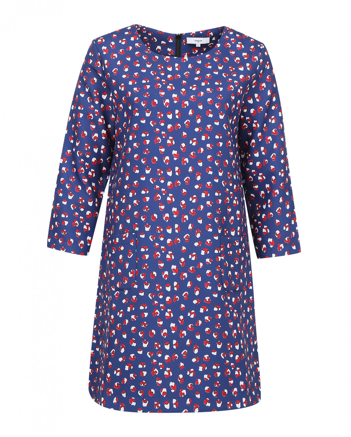 Платье-мини прямого фасона с принтом и боковыми карманами Suncoo  –  Общий вид  – Цвет:  Синий