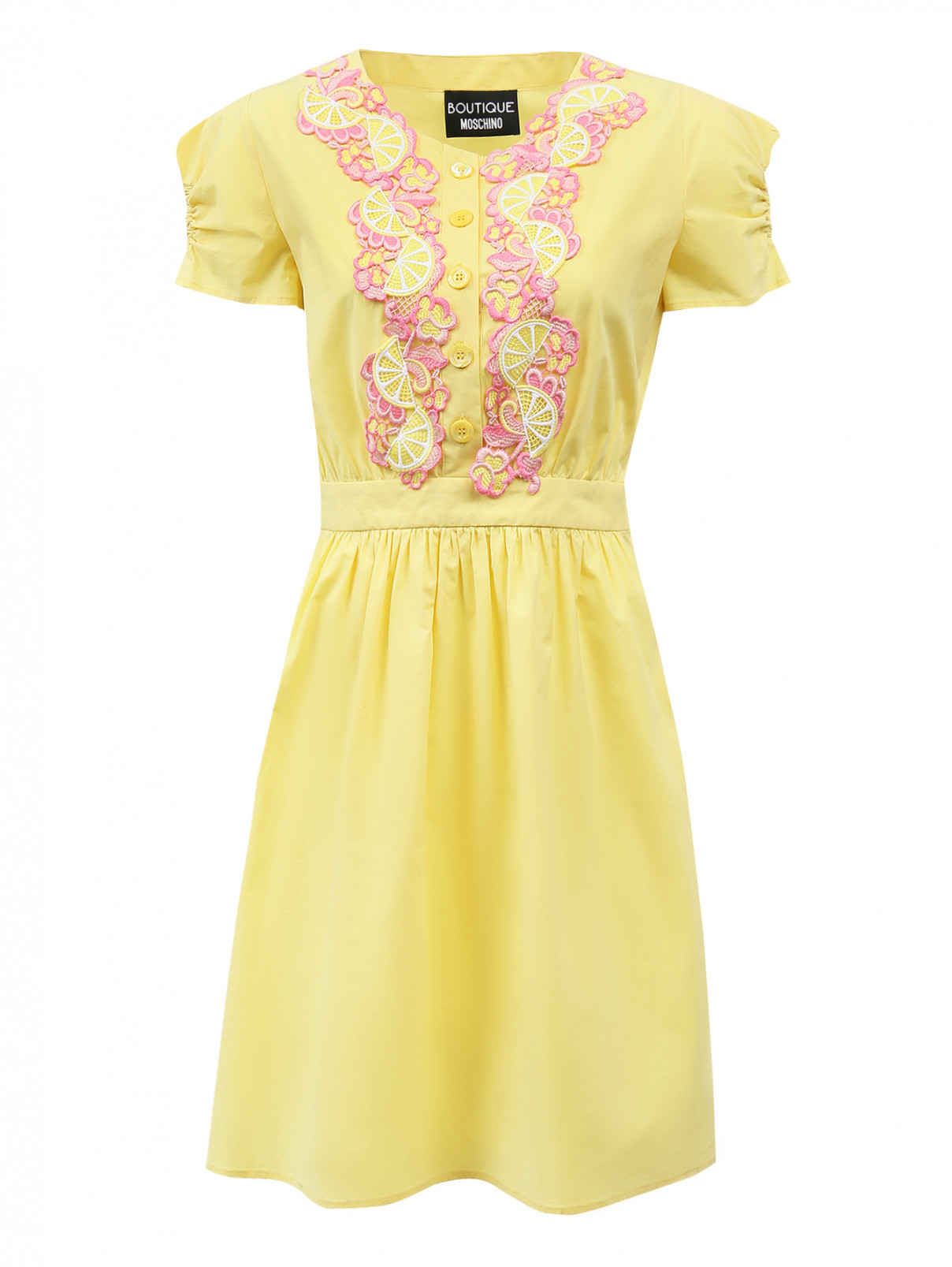 Платье из хлопка с рукавами фонариками и аппликацией на груди Moschino Boutique  –  Общий вид  – Цвет:  Желтый