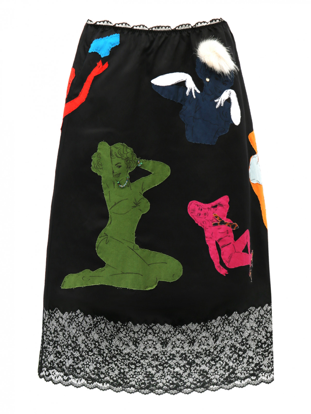 Юбка - миди с отделкой из кружева и аппликациями Moschino Couture  –  Общий вид  – Цвет:  Черный