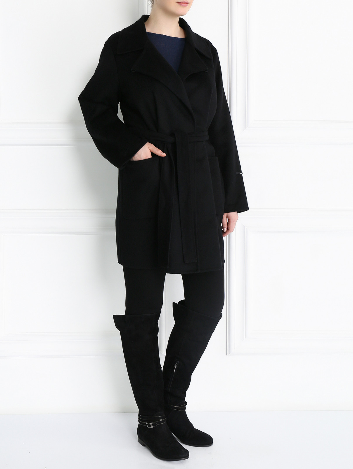 Пальто из кашемира с поясом Marina Rinaldi  –  Модель Общий вид  – Цвет:  Черный
