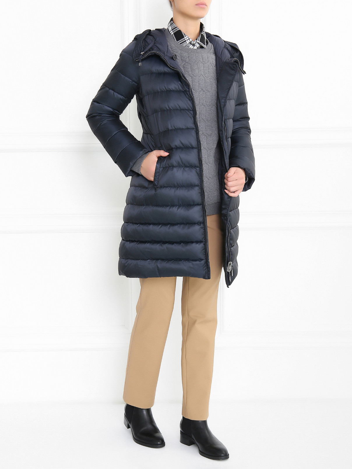 Пуховое пальто с поясом и капюшоном S Max Mara  –  Модель Общий вид  – Цвет:  Синий
