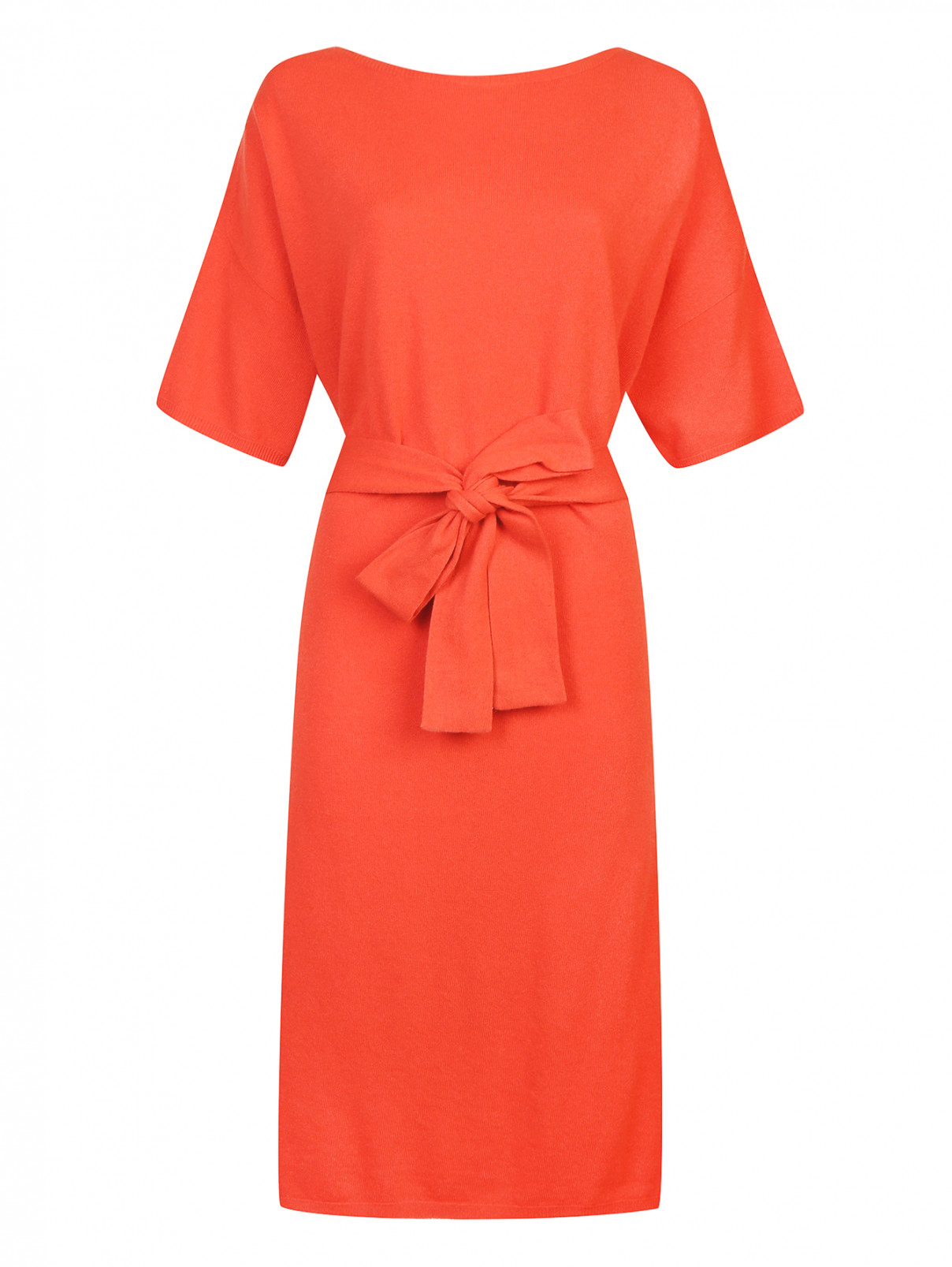 Платье из шерсти трикотажное с поясом Stefanel Cashmere  –  Общий вид  – Цвет:  Оранжевый