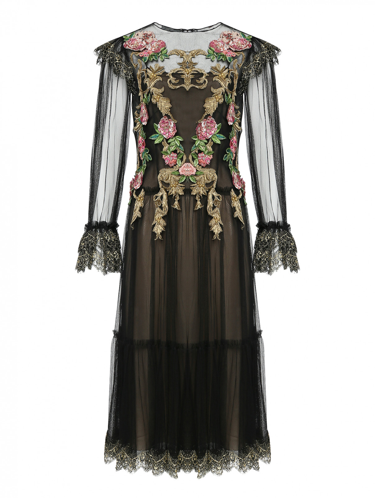 Платье из сетки с вышивкой и декором кружевом Alberta Ferretti  –  Общий вид  – Цвет:  Черный